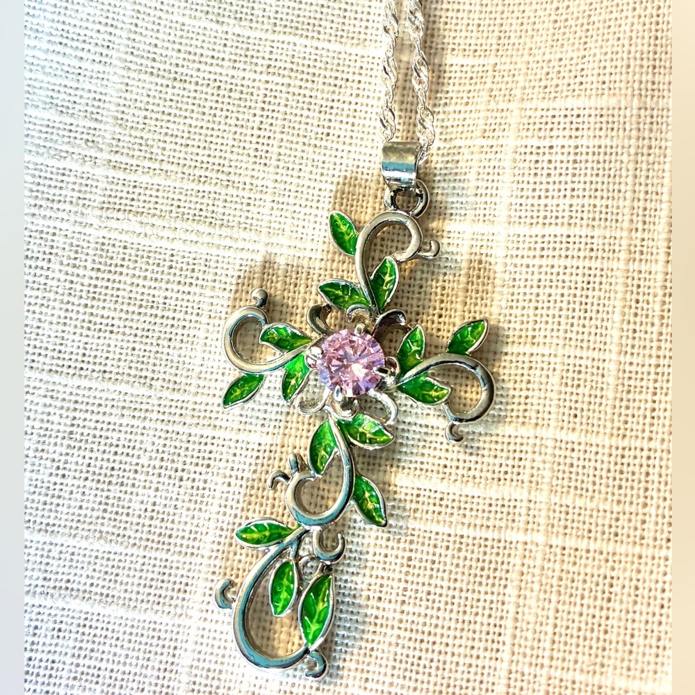 Elegant Enamel Green Leaf Pink Crystal Cross Silver Necklace